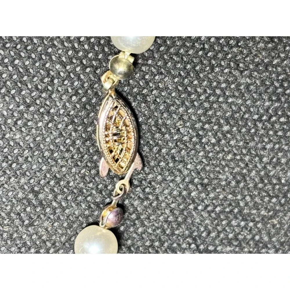 Vintage Filigree Clasp Hand Knotted Cream Faux Pearl Strand Necklace Gold Tone